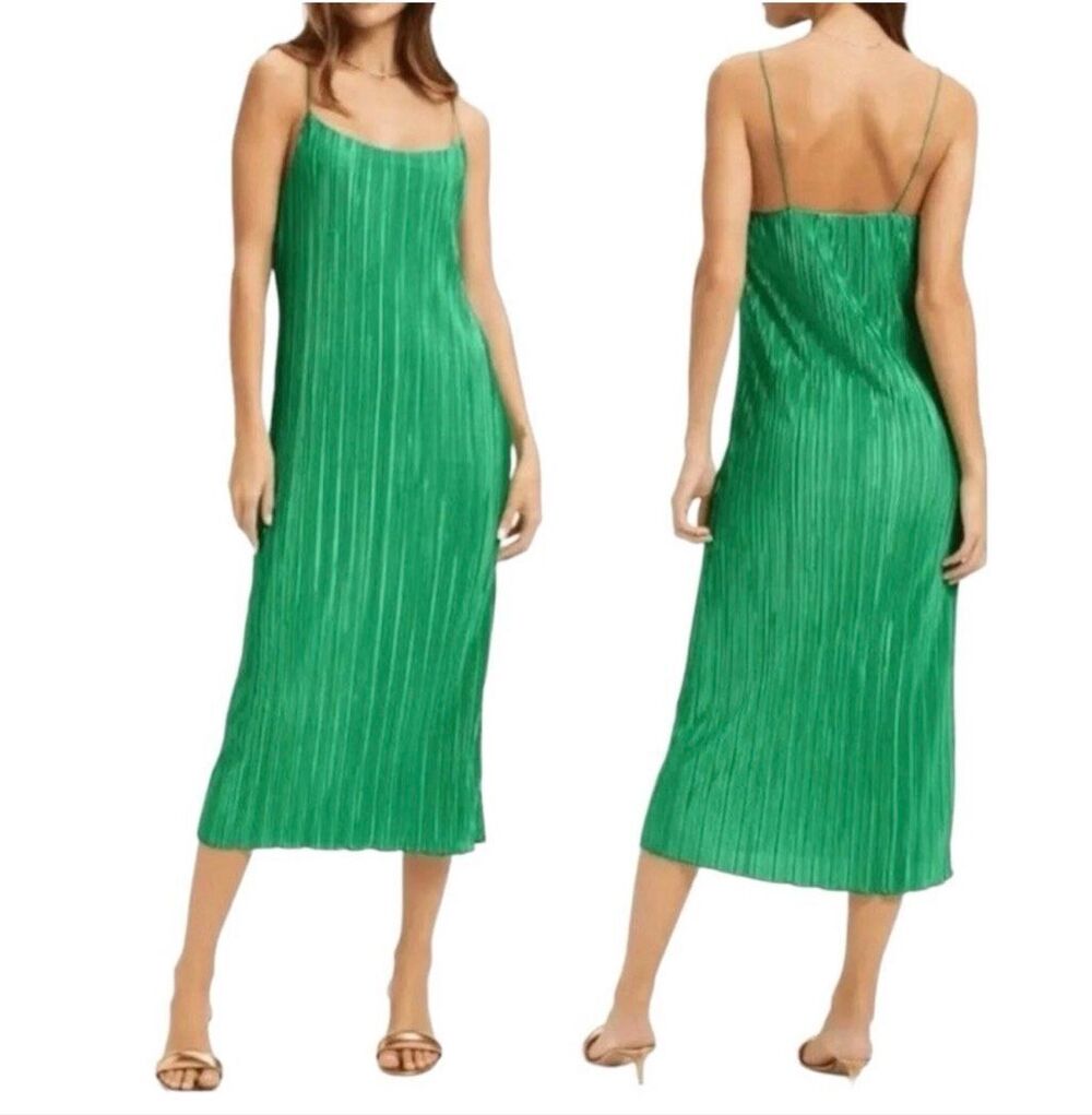 Good American Plisse Slip Midi Pleated Dress Summer Green Size 1/2